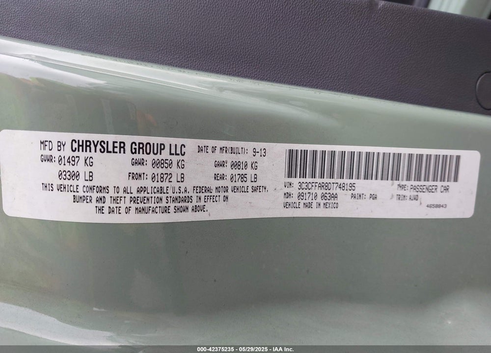 2013 FIAT 500 VIN: 3C3CFFAR8DT748195