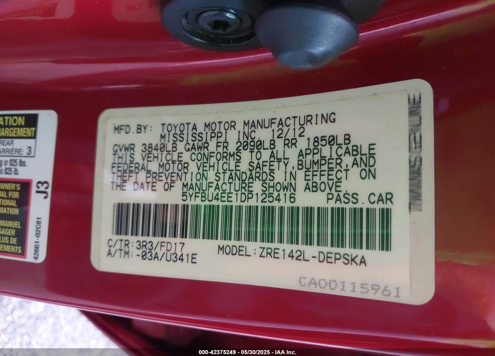 2013 TOYOTA COROLLA VIN: 5YFBU4EE1DP125416