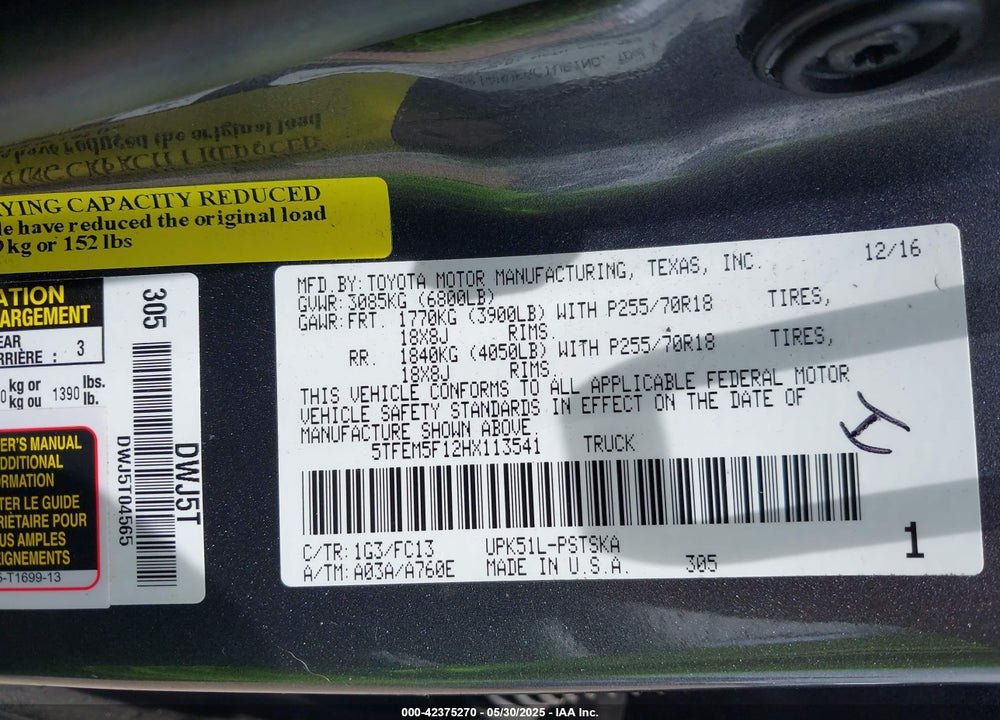 2017 TOYOTA TUNDRA VIN: 5TFEM5F12HX113541