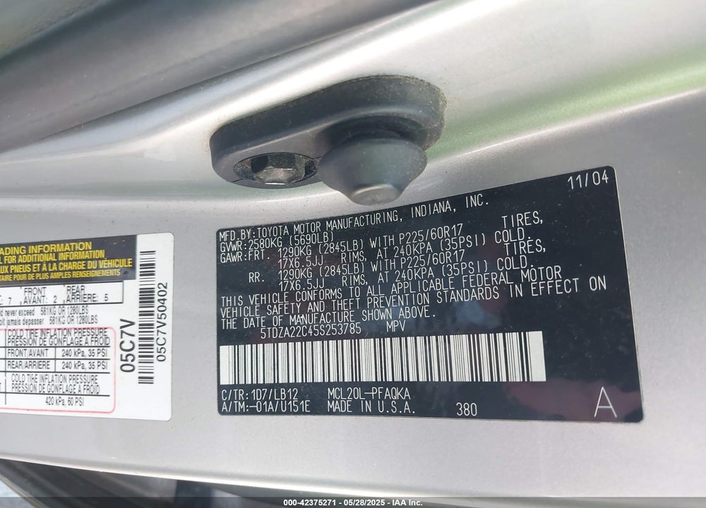 2005 TOYOTA SIENNA XLE LIMITED VIN: 5TDZA22C45S253785