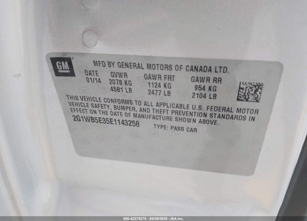 2014 CHEVROLET IMPALA LIMITED LT VIN: 2G1WB5E35E1143258