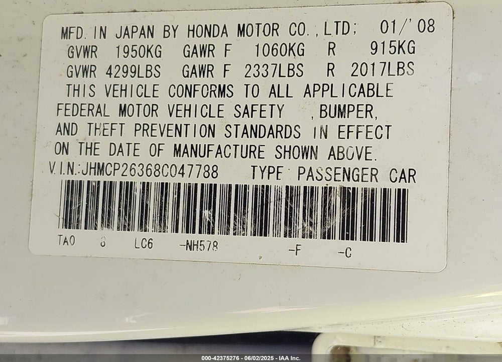 2008 HONDA ACCORD 2.4 LX VIN: JHMCP26368C047788
