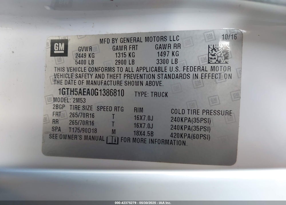 2016 GMC CANYON VIN: 1GTH5AEA0G1386810