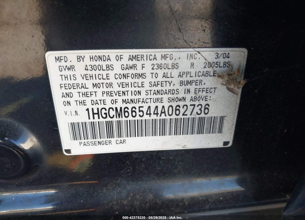 2004 HONDA ACCORD 3.0 EX VIN: 1HGCM66544A062736