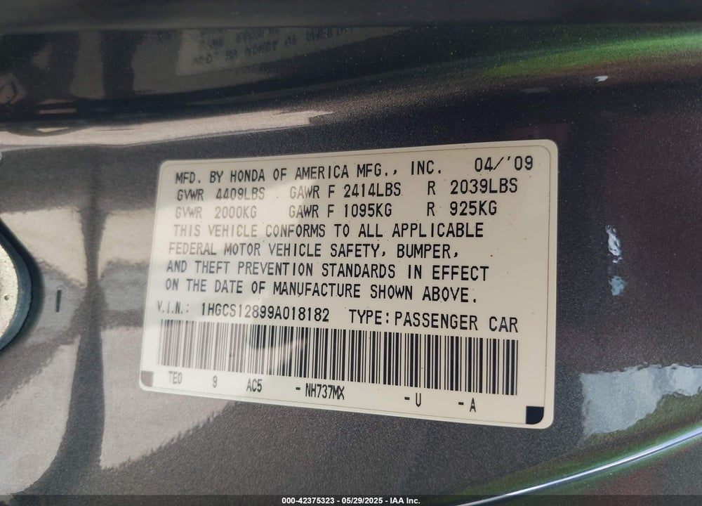 2009 HONDA ACCORD 2.4 EX-L VIN: 1HGCS12899A018182