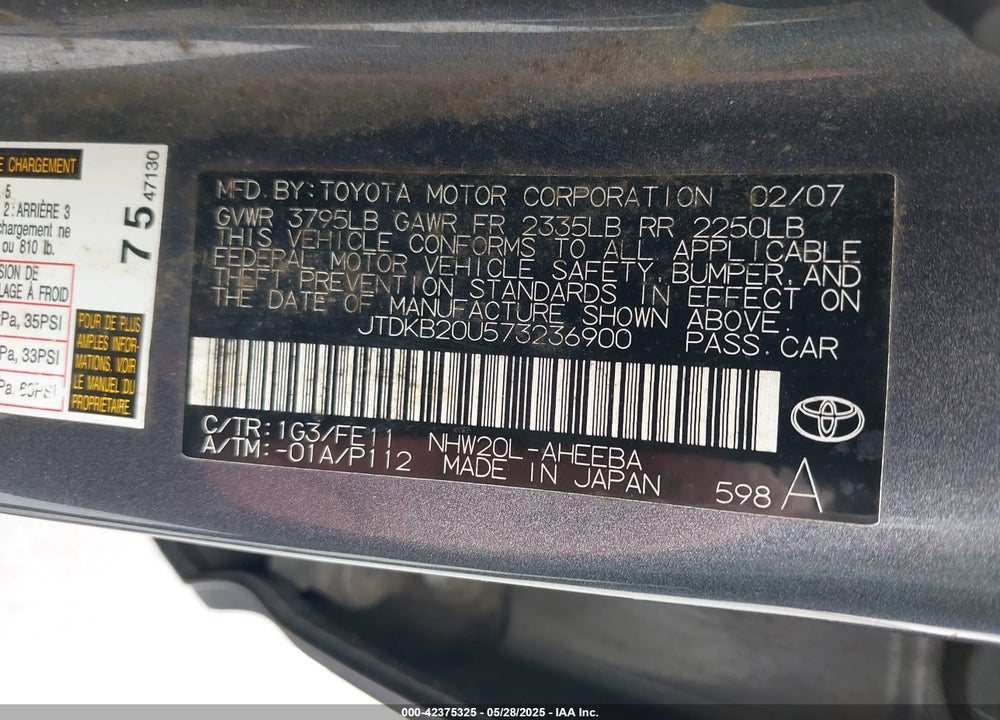 2007 TOYOTA PRIUS VIN: JTDKB20U573236900