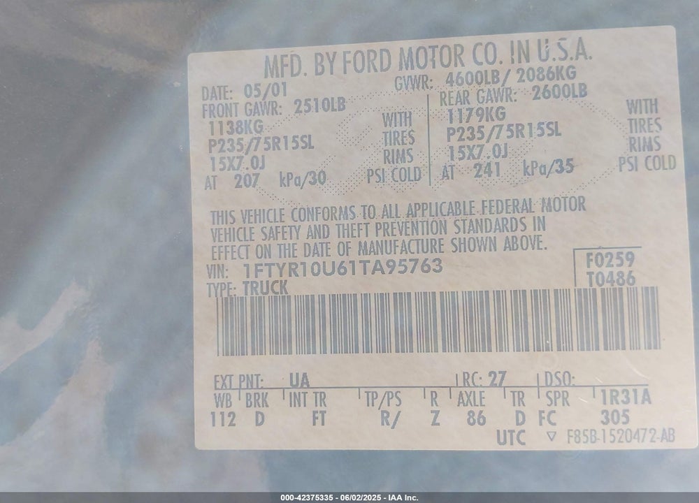 2001 FORD RANGER VIN: 1FTYR10U61TA95763