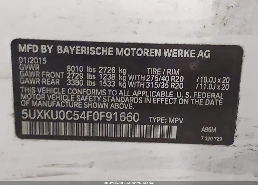 2015 BMW X6 SDRIVE35I VIN: 5UXKU0C54F0F91660