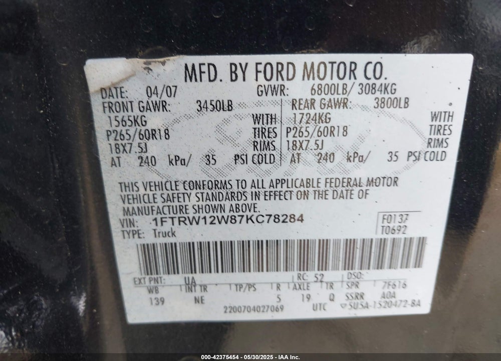2007 FORD F-150 XLT VIN: 1FTRW12W87KC78284