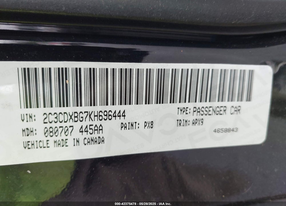 2019 DODGE CHARGER VIN: 2C3CDXBG7KH696444