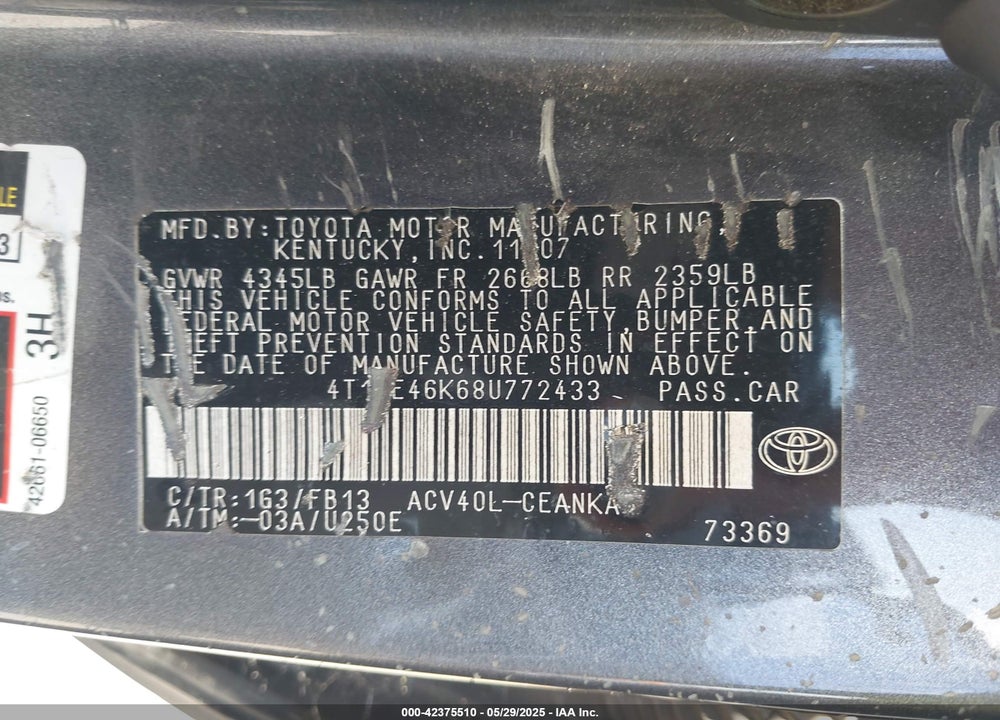 2008 TOYOTA CAMRY LE VIN: 4T1BE46K68U772433