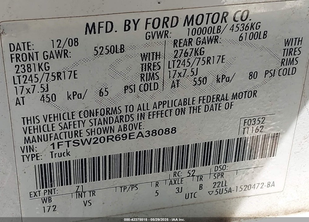 2009 FORD F-250 VIN: 1FTSW20R69EA38088