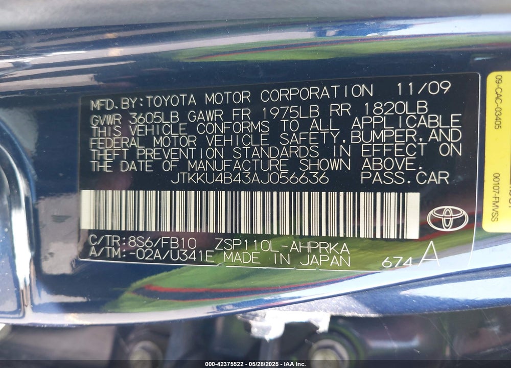 2010 SCION XD VIN: JTKKU4B43AJ056636