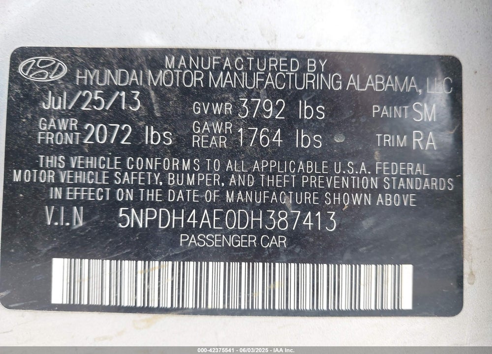2013 HYUNDAI ELANTRA VIN: 5NPDH4AE0DH387413