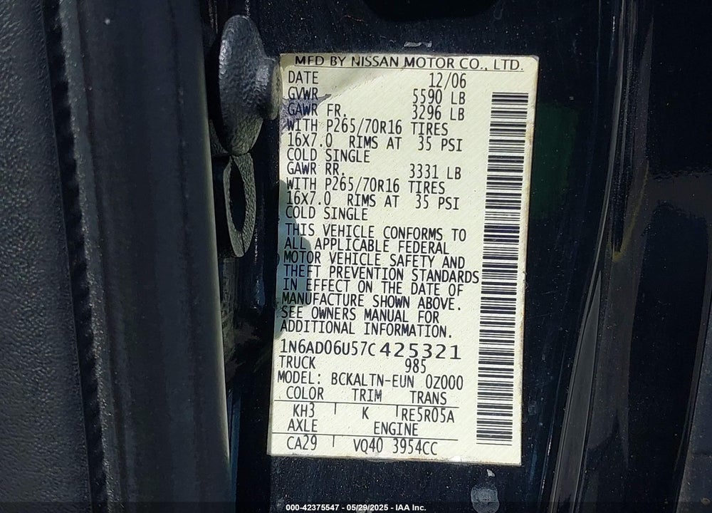 2007 NISSAN FRONTIER SE VIN: 1N6AD06U57C425321