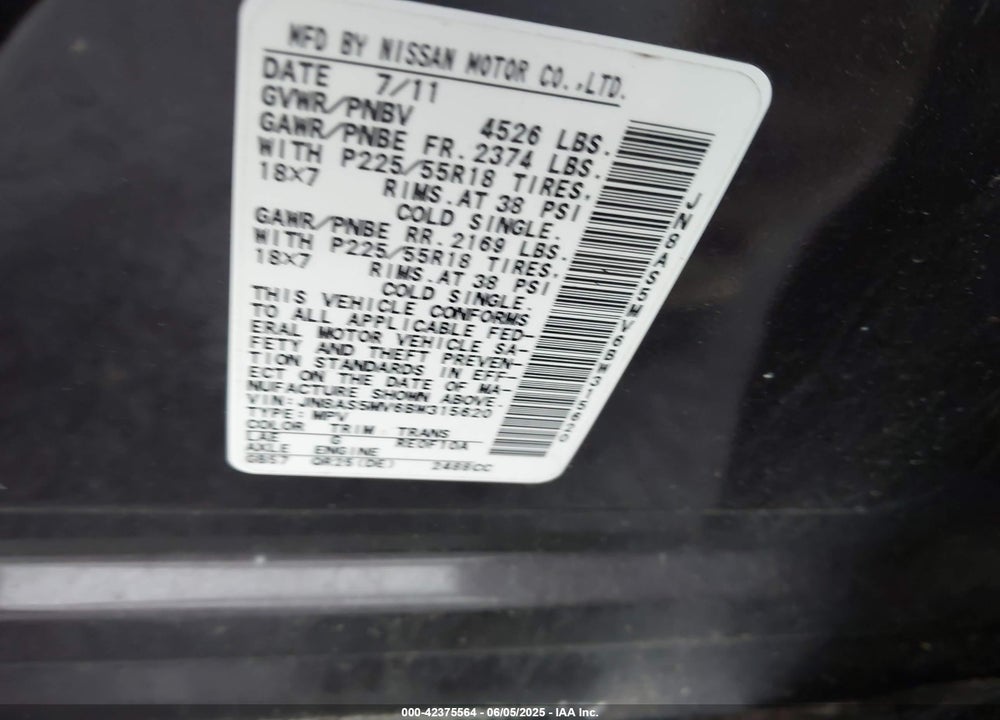 2011 NISSAN ROGUE VIN: JN8AS5MV6BW315620