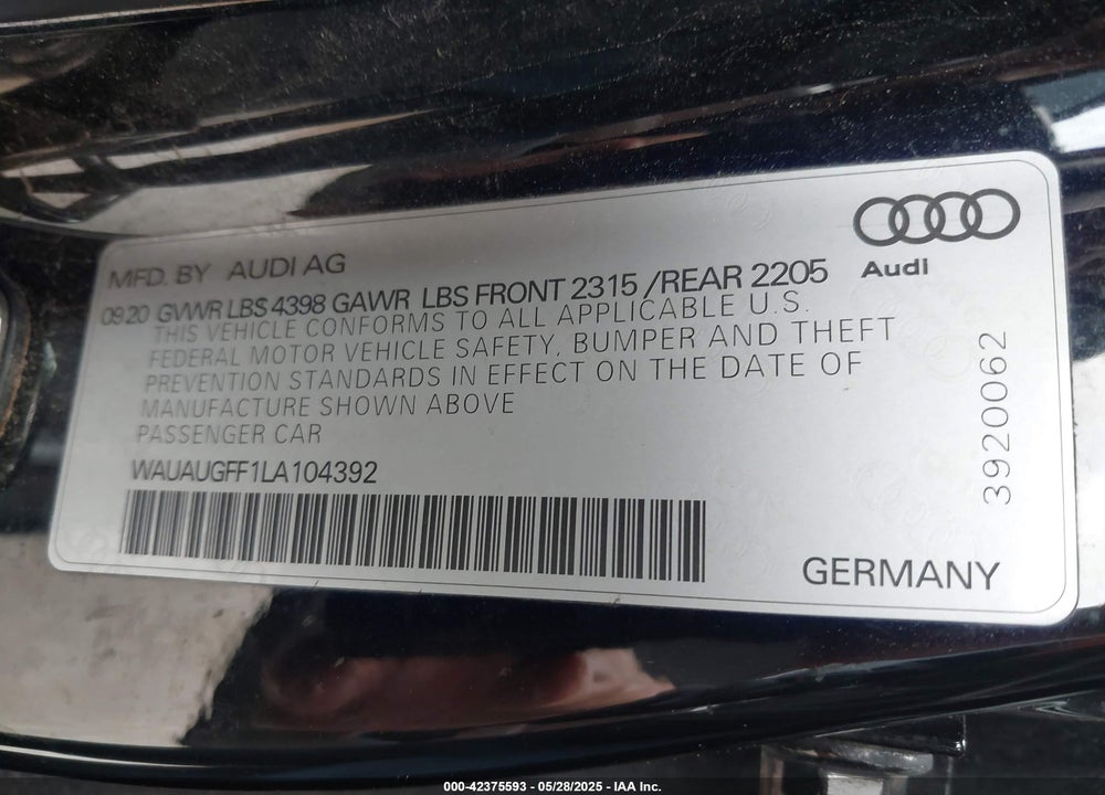 2020 AUDI A3 PREMIUM 40 TFSI FRONT-WHEEL DRIVE S TRONIC VIN: WAUAUGFF1LA104392