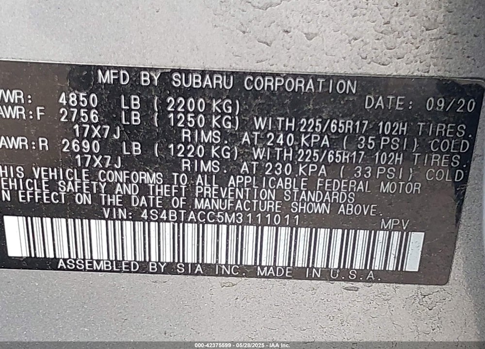 2021 SUBARU OUTBACK VIN: 4S4BTACC5M3111011