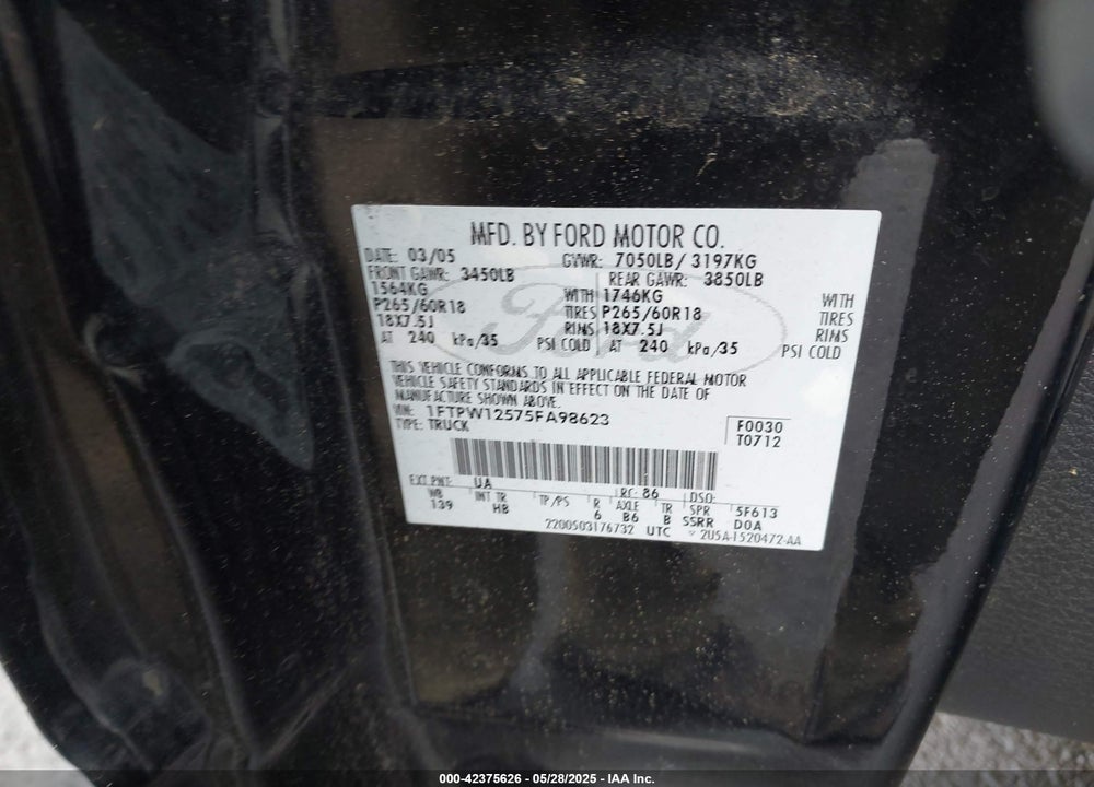 2005 FORD F-150 LARIAT/XLT VIN: 1FTPW12575FA98623