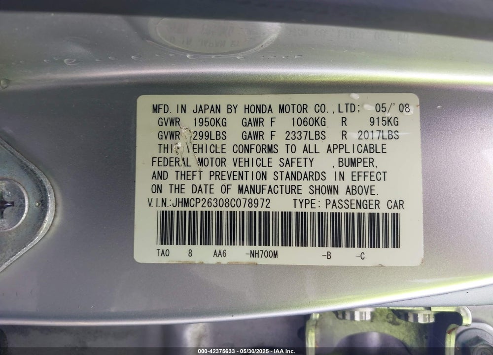 2008 HONDA ACCORD VIN: JHMCP26308C078972