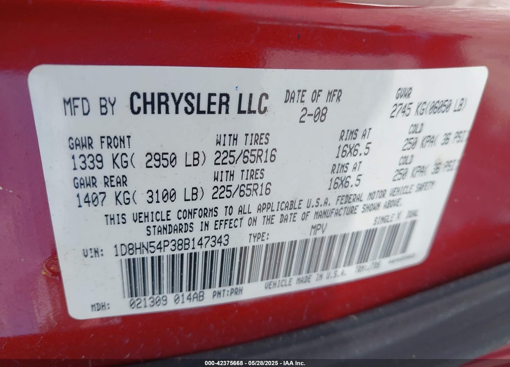 2008 DODGE GRAND CARAVAN SXT VIN: 1D8HN54P38B147343