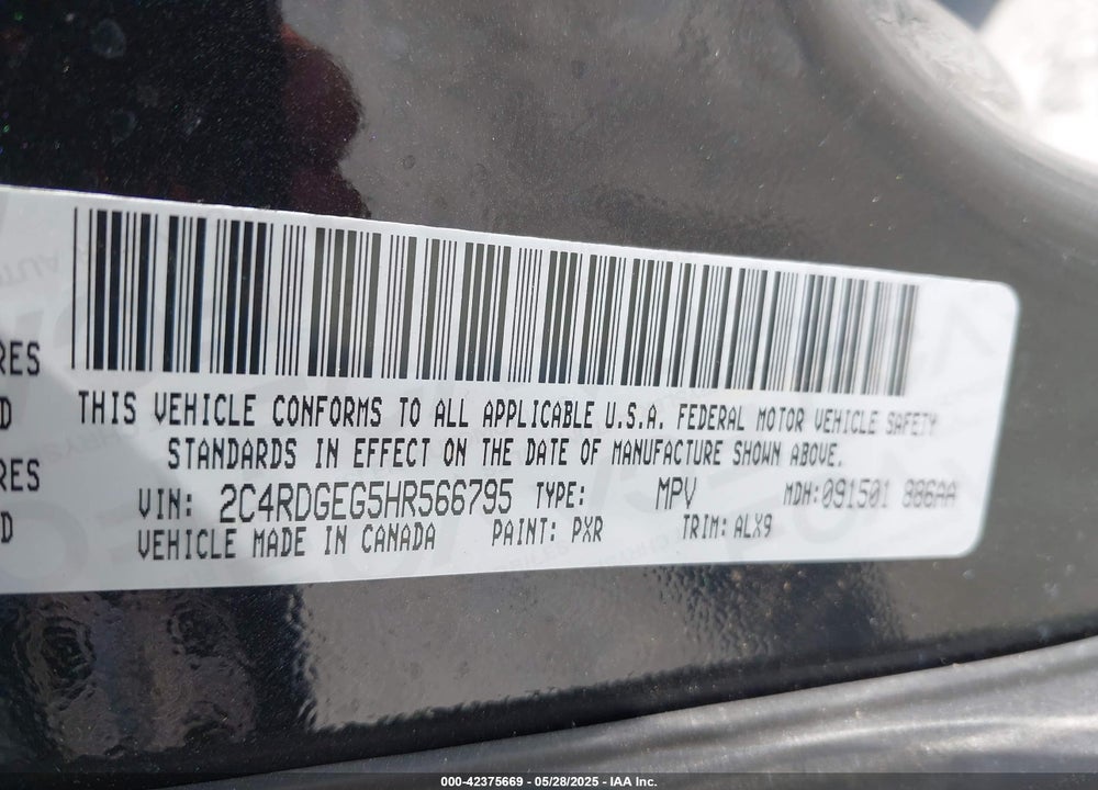 2017 DODGE GRAND CARAVAN GT VIN: 2C4RDGEG5HR566795