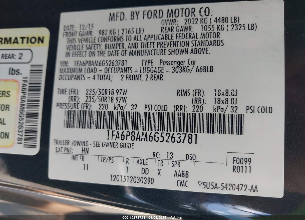 2016 FORD MUSTANG VIN: 1FA6P8AM6G5263781