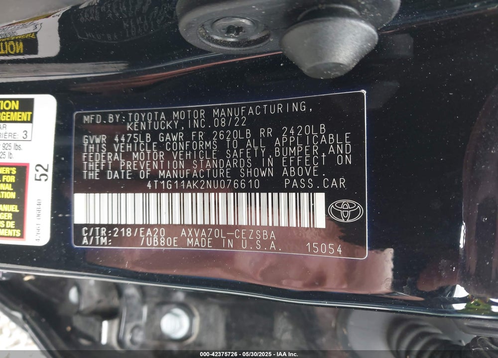 2022 TOYOTA CAMRY VIN: 4T1G11AK2NU076610