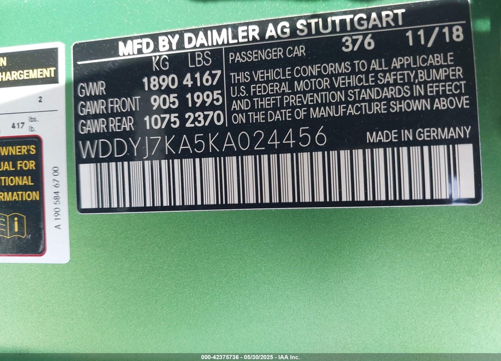 2019 MERCEDES-BENZ AMG-CLASS VIN: WDDYJ7KA5KA024456