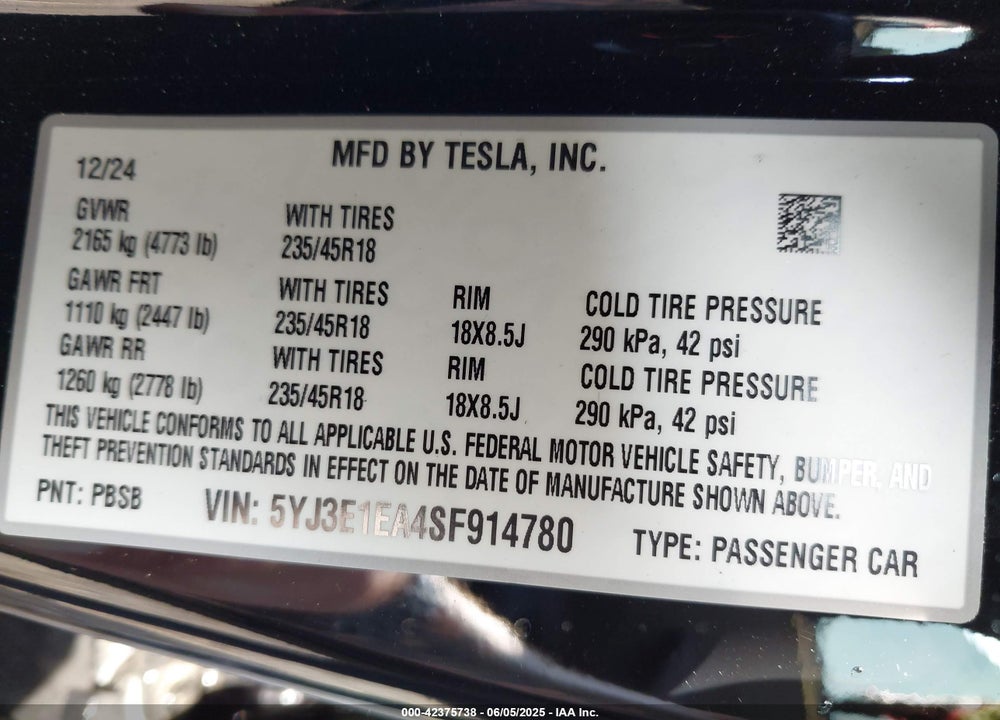 2025 TESLA MODEL 3 LONG RANGE REAR-WHEEL DRIVE VIN: 5YJ3E1EA4SF914780