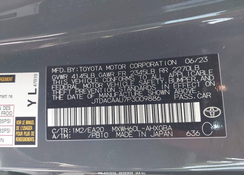 2023 TOYOTA PRIUS VIN: JTDACAAU7P3009886