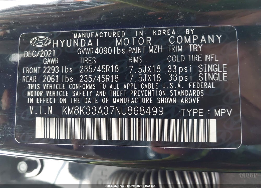 2022 HYUNDAI KONA VIN: KM8K33A37NU868499