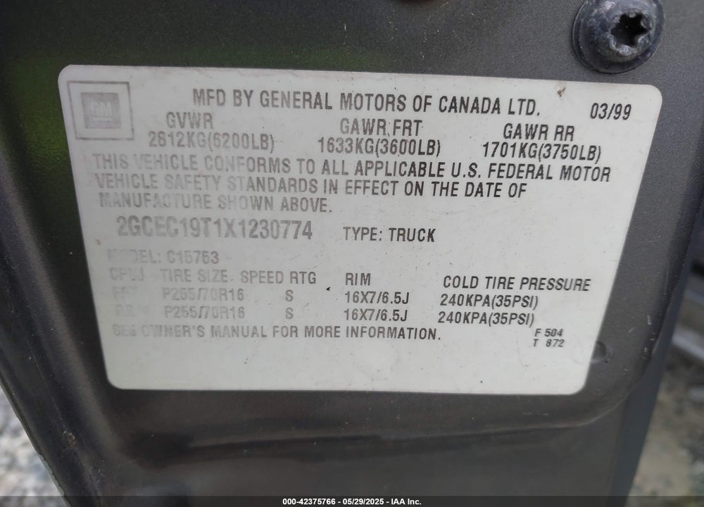 1999 CHEVROLET SILVERADO 1500 LT VIN: 2GCEC19T1X1230774