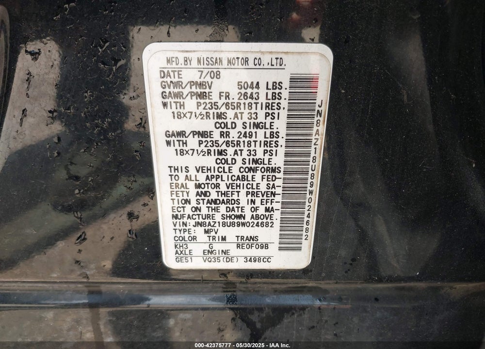 2009 NISSAN MURANO SL VIN: JN8AZ18U89W024682