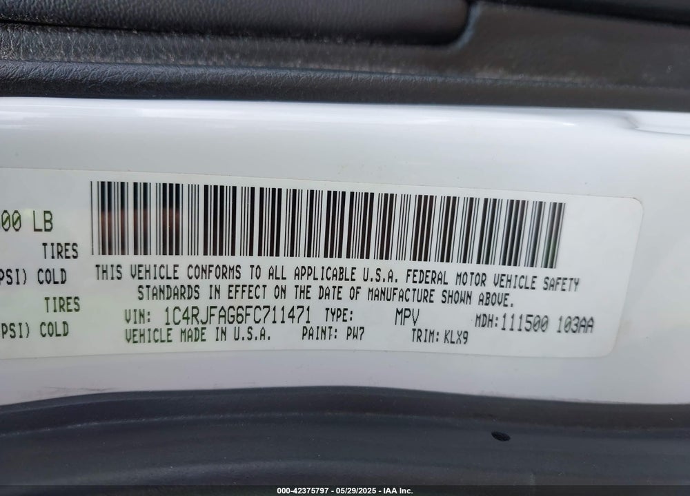 2015 JEEP GRAND CHEROKEE VIN: 1C4RJFAG6FC711471