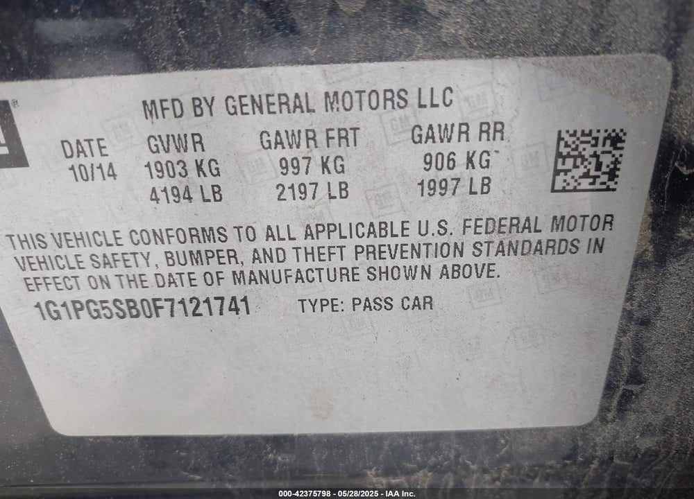 2015 CHEVROLET CRUZE VIN: 1G1PG5SB0F7121741