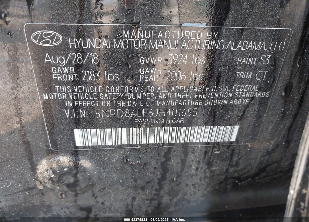 2018 HYUNDAI ELANTRA VIN: 5NPD84LF6JH401655