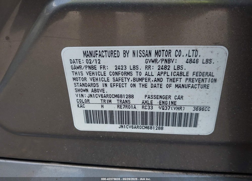 2012 INFINITI G37X VIN: JN1CV6AR0CM681288