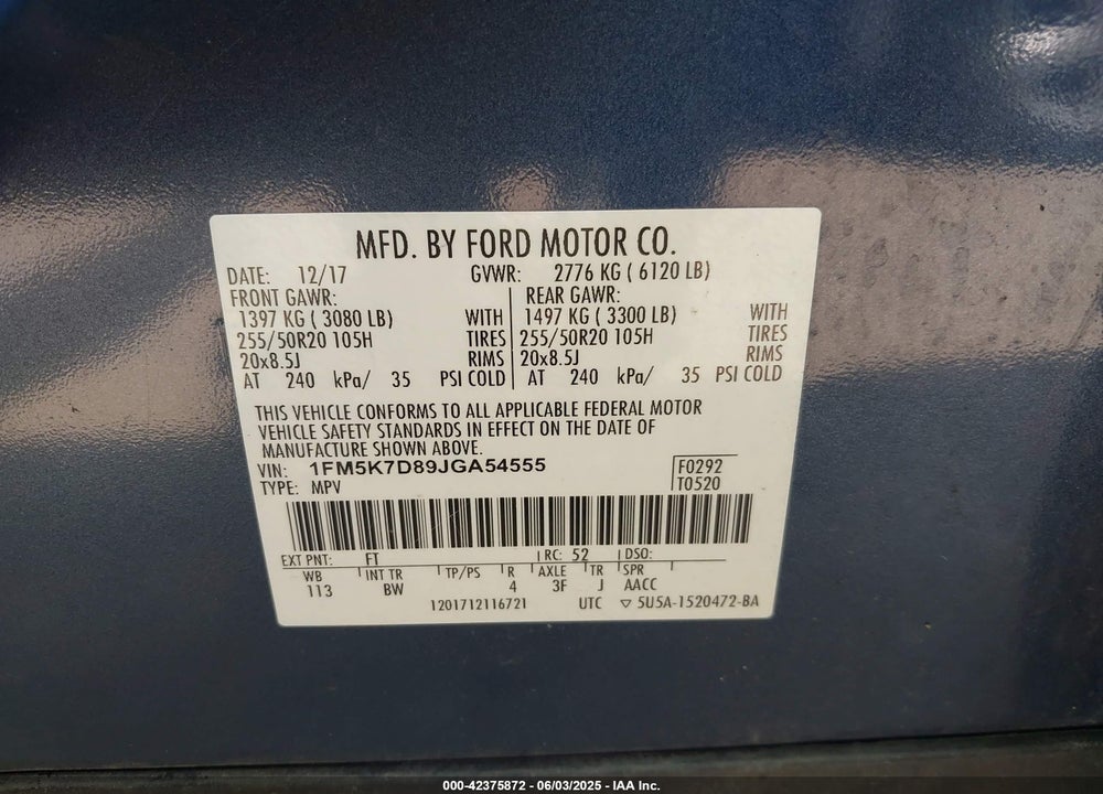 2018 FORD EXPLORER VIN: 1FM5K7D89JGA54555
