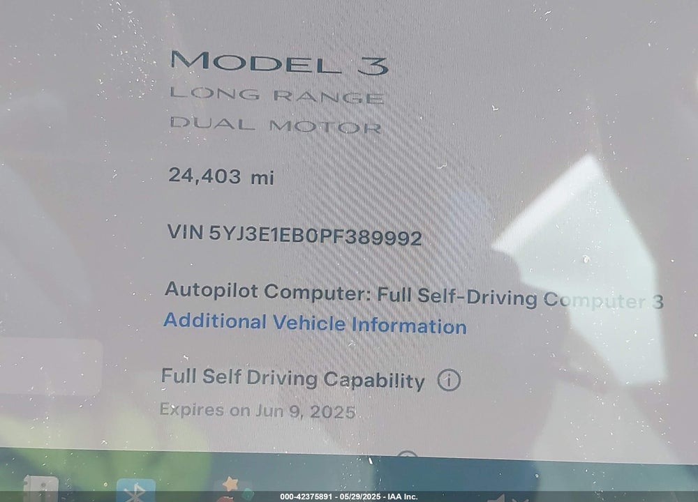 2023 TESLA MODEL 3 LONG RANGE DUAL MOTOR ALL-WHEEL DRIVE VIN: 5YJ3E1EB0PF389992