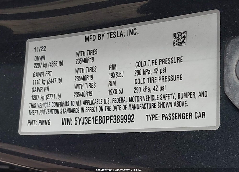 2023 TESLA MODEL 3 LONG RANGE DUAL MOTOR ALL-WHEEL DRIVE VIN: 5YJ3E1EB0PF389992