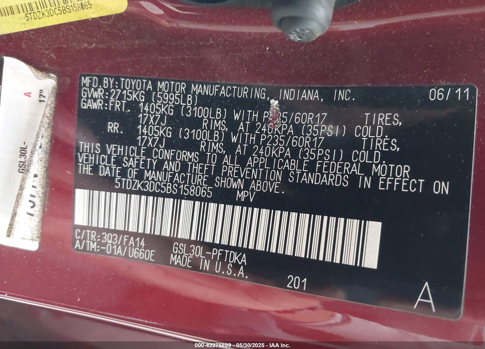 2011 TOYOTA SIENNA BASE V6 VIN: 5TDZK3DC5BS158065