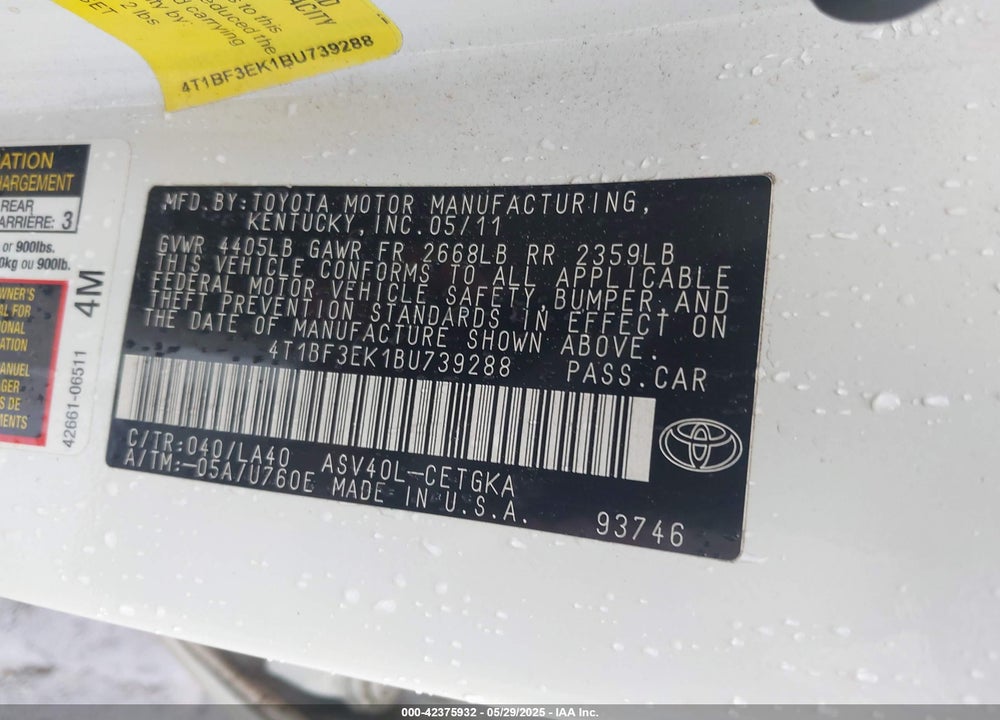 2011 TOYOTA CAMRY VIN: 4T1BF3EK1BU739288