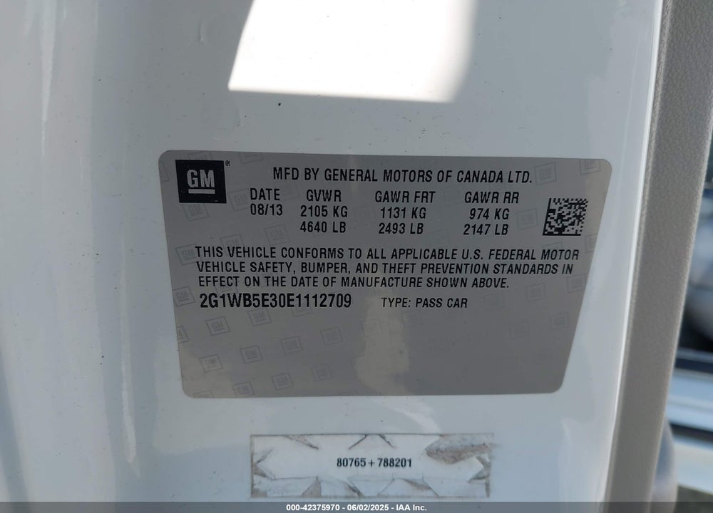 2014 CHEVROLET IMPALA VIN: 2G1WB5E30E1112709