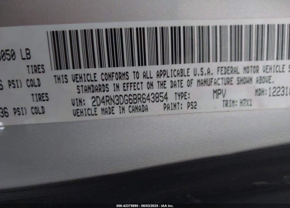 2011 DODGE GRAND CARAVAN MAINSTREET VIN: 2D4RN3DG6BR643854