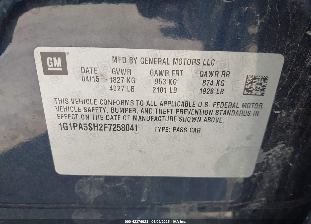 2015 CHEVROLET CRUZE VIN: 1G1PA5SH2F7258041
