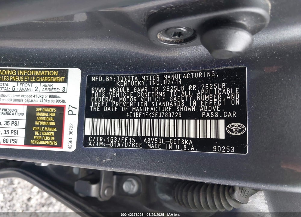 2014 TOYOTA CAMRY VIN: 4T1BF1FK3EU789729