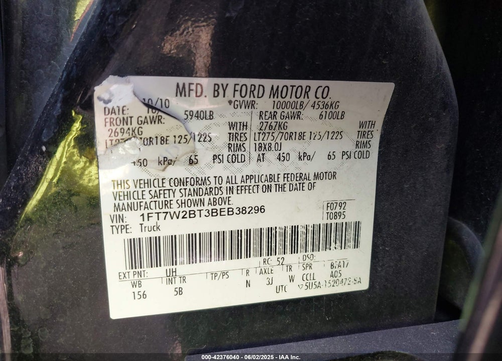 2011 FORD F-250 VIN: 1FT7W2BT3BEB38296
