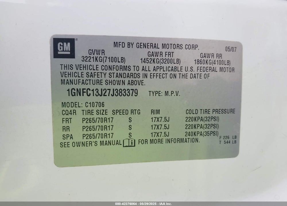 2007 CHEVROLET TAHOE LT VIN: 1GNFC13J27J383379