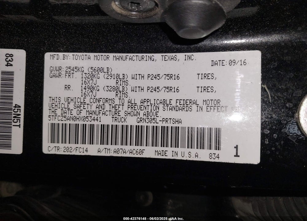 2017 TOYOTA TACOMA VIN: 5TFCZ5AN0HX053441